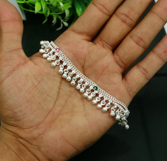 TRIBAL ORNAMENTS 5 handmade solid sterling silver waved jingling bells noisy anklets excellent gifting baby foot bracelet charm kids jewelry ank362 Bracelets