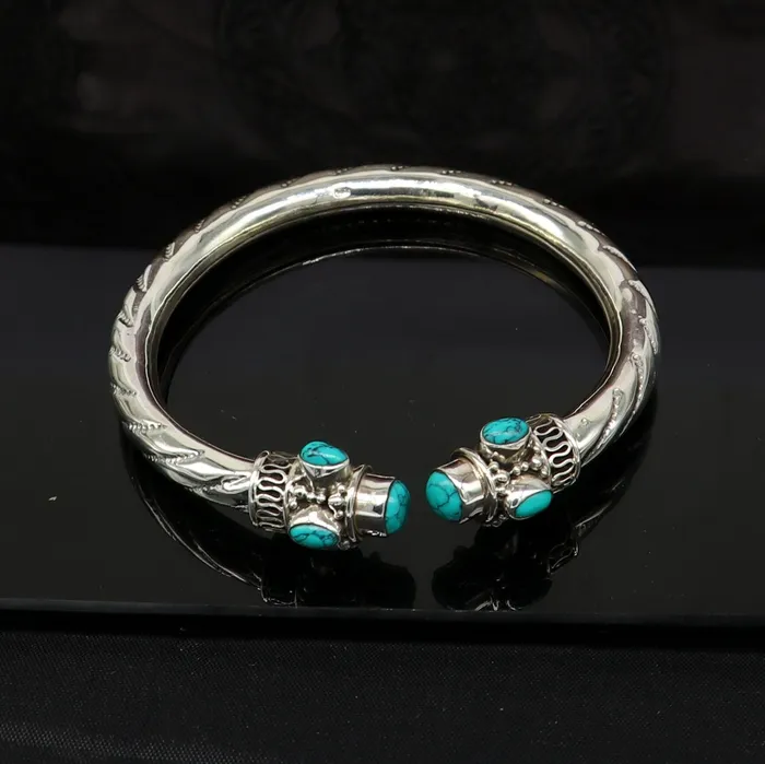 TRIBAL ORNAMENTS 925 sterling silver customized flexible bangle bracelet unique stylish best gifting bangle fabulous blue turquoise stone jewelry nssk315 Bracelets