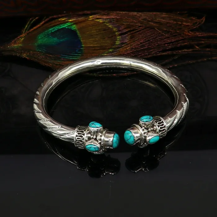 TRIBAL ORNAMENTS 925 sterling silver customized flexible bangle bracelet unique stylish best gifting bangle fabulous blue turquoise stone jewelry nssk315 Bracelets