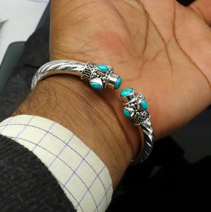 TRIBAL ORNAMENTS 925 sterling silver customized flexible bangle bracelet unique stylish best gifting bangle fabulous blue turquoise stone jewelry nssk315 Bracelets