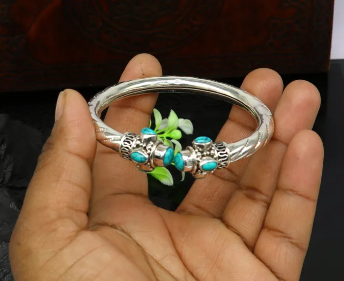 TRIBAL ORNAMENTS 925 sterling silver customized flexible bangle bracelet unique stylish best gifting bangle fabulous blue turquoise stone jewelry nssk315 Bracelets