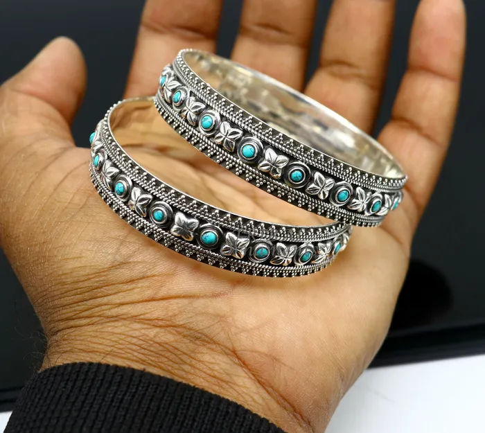 TRIBAL ORNAMENTS Bracelets 925 sterling silver customized vintage antique design turquoise stone bangle bracelet kada best gift for brides ethnic jewelry nba338 TRIBAL ORNAMENTS Bracelets 925 sterling silver customized vintage antique design turquoise stone bangle bracelet kada best gift for brides ethnic jewelry nba338