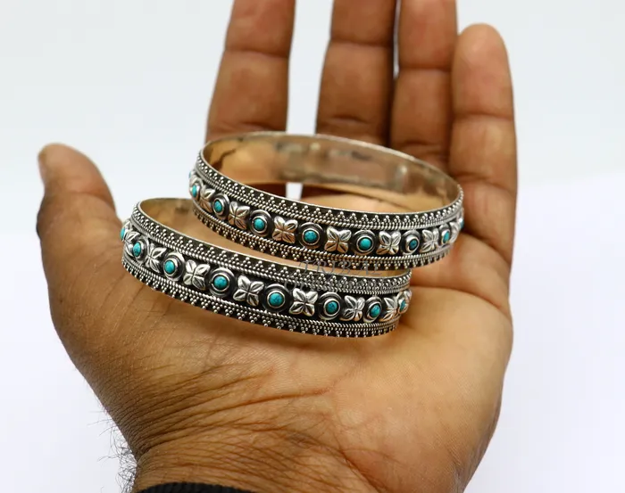 TRIBAL ORNAMENTS Bracelets 925 sterling silver customized vintage antique design turquoise stone bangle bracelet kada best gift for brides ethnic jewelry nba338 TRIBAL ORNAMENTS Bracelets 925 sterling silver customized vintage antique design turquoise stone bangle bracelet kada best gift for brides ethnic jewelry nba338