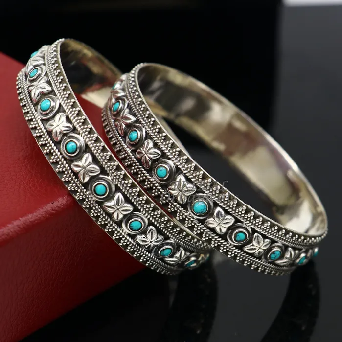 TRIBAL ORNAMENTS Bracelets 925 sterling silver customized vintage antique design turquoise stone bangle bracelet kada best gift for brides ethnic jewelry nba338 TRIBAL ORNAMENTS Bracelets 925 sterling silver customized vintage antique design turquoise stone bangle bracelet kada best gift for brides ethnic jewelry nba338