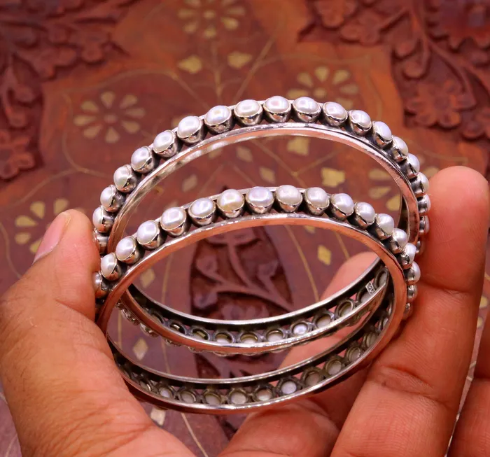 TRIBAL ORNAMENTS Bracelets 925 sterling silver handmade bangle gorgeous natural pearl stone stylish bangle excellent customized tribal jewelry ba46