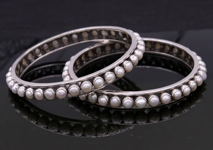 TRIBAL ORNAMENTS Bracelets 925 sterling silver handmade bangle gorgeous natural pearl stone stylish bangle excellent customized tribal jewelry ba46