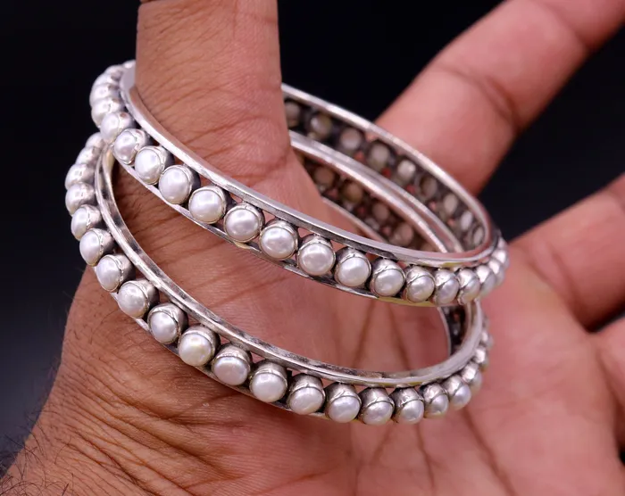 TRIBAL ORNAMENTS Bracelets 925 sterling silver handmade bangle gorgeous natural pearl stone stylish bangle excellent customized tribal jewelry ba46