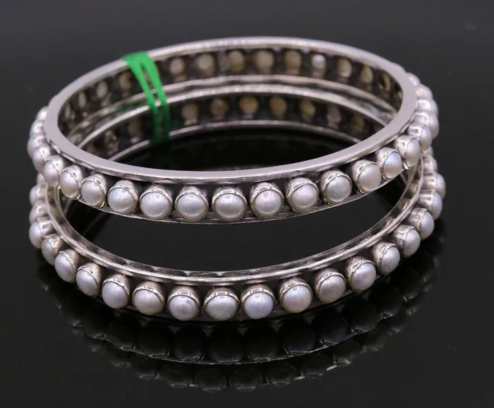 TRIBAL ORNAMENTS Bracelets 925 sterling silver handmade bangle gorgeous natural pearl stone stylish bangle excellent customized tribal jewelry ba46