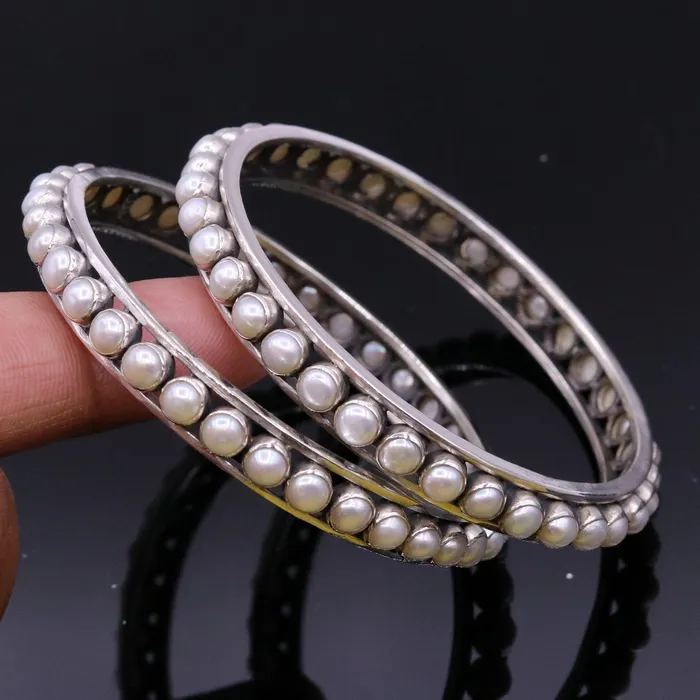TRIBAL ORNAMENTS Bracelets 925 sterling silver handmade bangle gorgeous natural pearl stone stylish bangle excellent customized tribal jewelry ba46