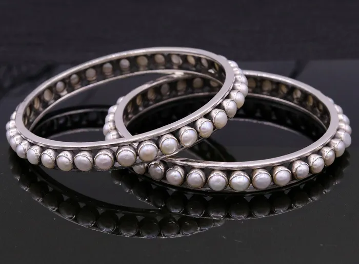 TRIBAL ORNAMENTS Bracelets 925 sterling silver handmade bangle gorgeous natural pearl stone stylish bangle excellent customized tribal jewelry ba46