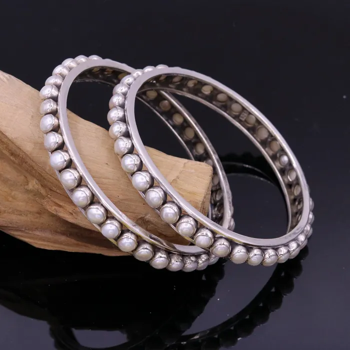 TRIBAL ORNAMENTS Bracelets 925 sterling silver handmade bangle gorgeous natural pearl stone stylish bangle excellent customized tribal jewelry ba46