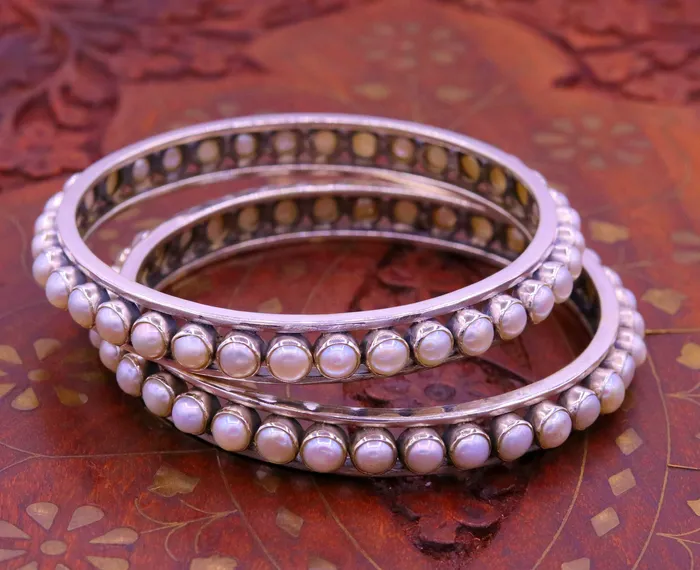 TRIBAL ORNAMENTS Bracelets 925 sterling silver handmade bangle gorgeous natural pearl stone stylish bangle excellent customized tribal jewelry ba46