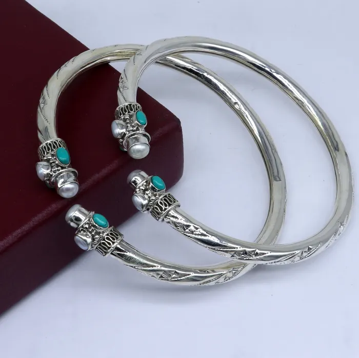 TRIBAL ORNAMENTS Bracelets 925 sterling silver stylish design ankle kada ankle bangle bracelet with gorgeous turquoise stone nsfk122
