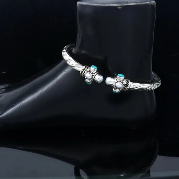 TRIBAL ORNAMENTS Bracelets 925 sterling silver stylish design ankle kada ankle bangle bracelet with gorgeous turquoise stone nsfk122