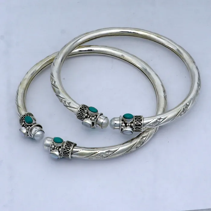 TRIBAL ORNAMENTS Bracelets 925 sterling silver stylish design ankle kada ankle bangle bracelet with gorgeous turquoise stone nsfk122