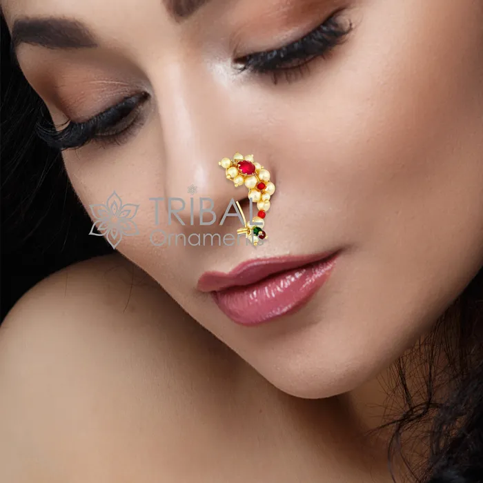 TRIBAL ORNAMENTS Earrings Indian Traditional cultural nose pin stud or Nath Maharasthrian nath 18 kt yellow gold and pearl handmade ethnic jewelry from india gnp52