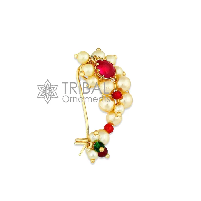 TRIBAL ORNAMENTS Earrings Indian Traditional cultural nose pin stud or Nath Maharasthrian nath 18 kt yellow gold and pearl handmade ethnic jewelry from india gnp52