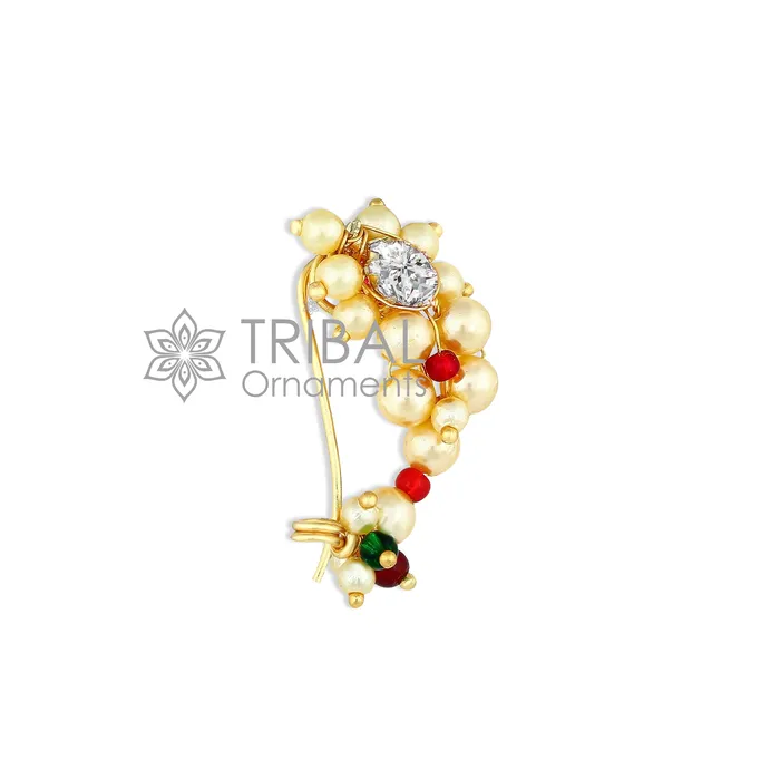 TRIBAL ORNAMENTS Earrings Indian Traditional cultural nose pin stud or Nath Maharasthrian nath 18 kt yellow gold and pearl handmade ethnic jewelry from india gnp52