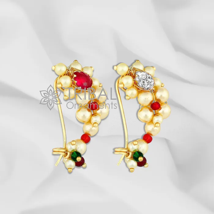 TRIBAL ORNAMENTS Earrings Indian Traditional cultural nose pin stud or Nath Maharasthrian nath 18 kt yellow gold and pearl handmade ethnic jewelry from india gnp52
