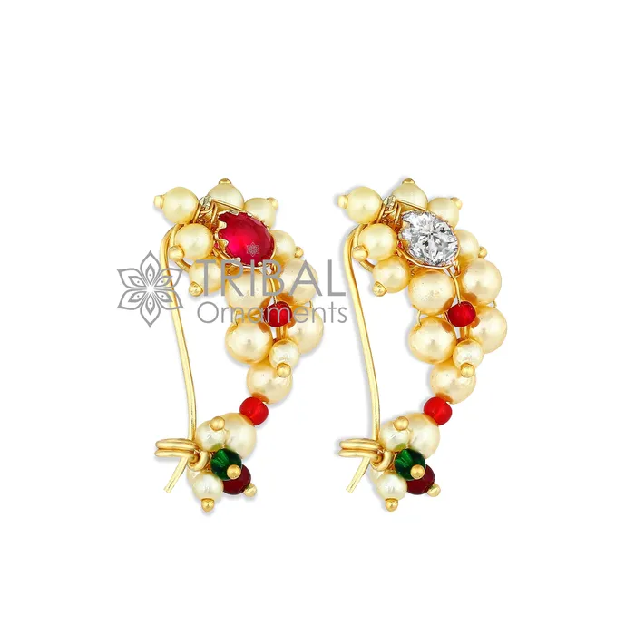 TRIBAL ORNAMENTS Earrings Indian Traditional cultural nose pin stud or Nath Maharasthrian nath 18 kt yellow gold and pearl handmade ethnic jewelry from india gnp52