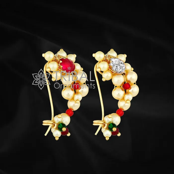 TRIBAL ORNAMENTS Earrings Indian Traditional cultural nose pin stud or Nath Maharasthrian nath 18 kt yellow gold and pearl handmade ethnic jewelry from india gnp52