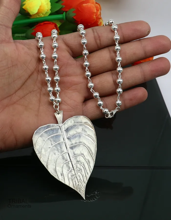 TRIBAL ORNAMENTS Solid Sterling silver handmade vintage design peepal tree leaf pendant with beaded necklace tribal ethnic customized jewelry set275 Necklaces