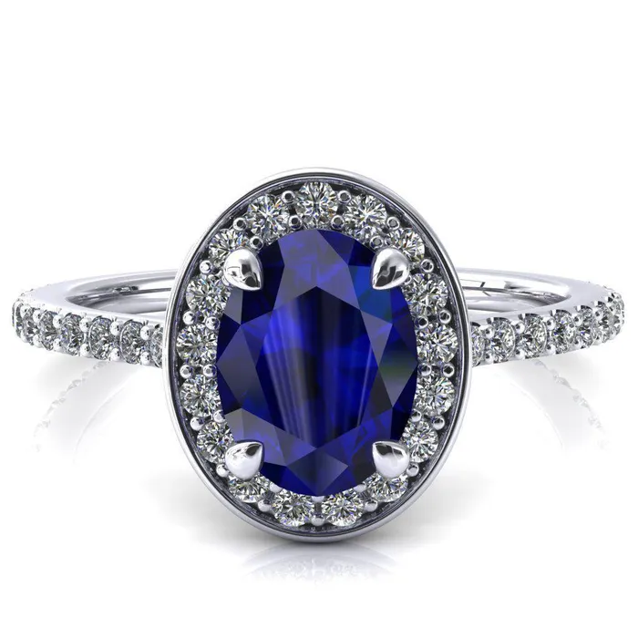 Valma Oval Blue Sapphire Floating Diamond Halo and Sides Ring Fire Brilliance Rings