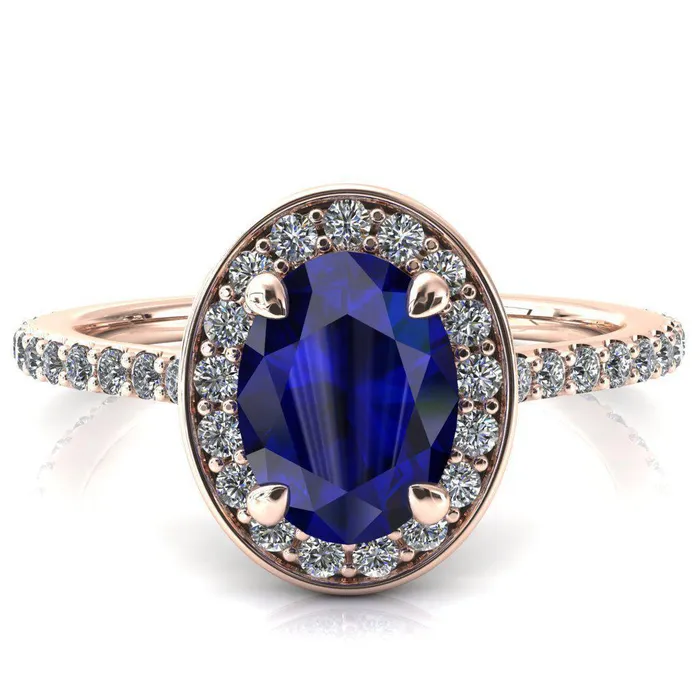 Valma Oval Blue Sapphire Floating Diamond Halo and Sides Ring Fire Brilliance Rings