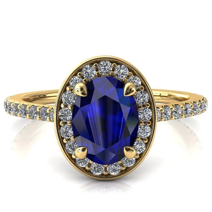 Valma Oval Blue Sapphire Floating Diamond Halo and Sides Ring Fire Brilliance Rings