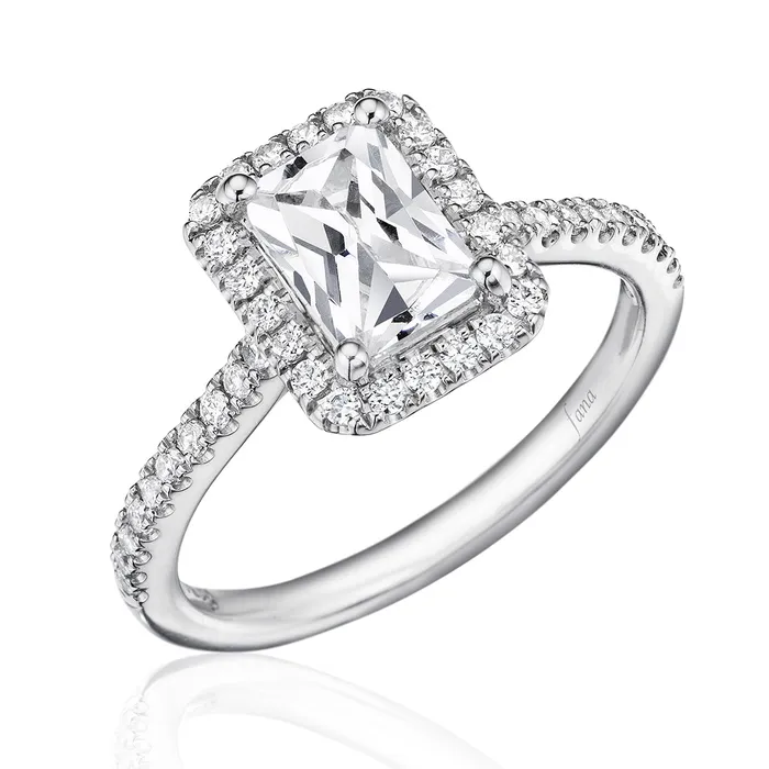 14K White Gold Delicate Emerald Shaped Halo and Pave Band Engagement Ring Fana Rings 14K White Gold Delicate Emerald Shaped Halo and Pave Band Engagement Ring Fana Rings