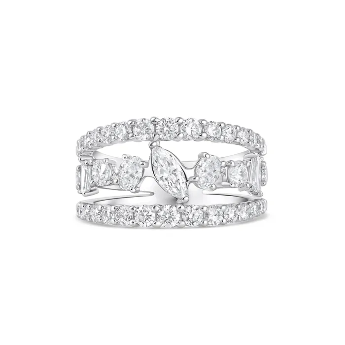 14K White Gold Wide ThreeRow MultiShaped Diamond Band Wedding Bands Rings