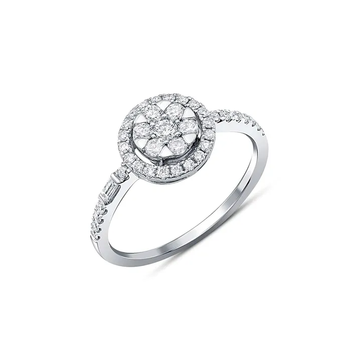 18kt White Gold Round Diamond Cluster Halo Ring CJ Charles Jewelers Rings