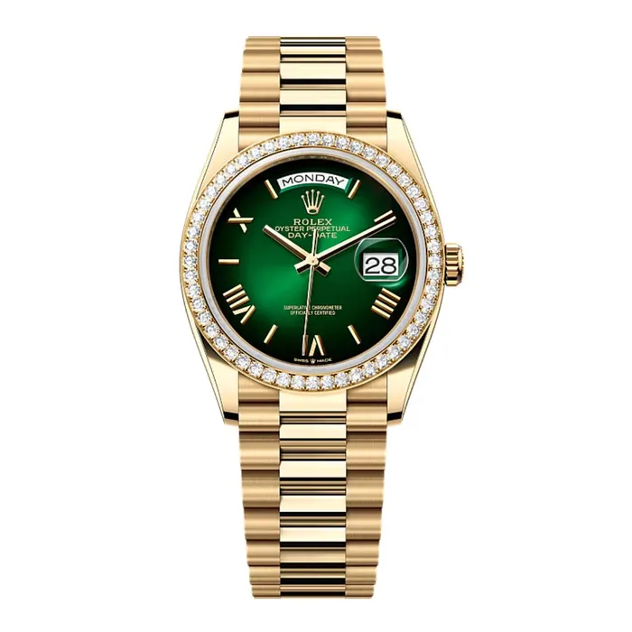2024 Release Rolex DayDate 36mm Ref 128348rbr0068 Green Ombre Dial Diamond Bezel 18K Yellow Gold Presidential Bracelet Watch Rolex Bracelets 2024 Release Rolex DayDate 36mm Ref 128348rbr0068 Green Ombre Dial Diamond Bezel 18K Yellow Gold Presidential Bracelet Watch Rolex Bracelets