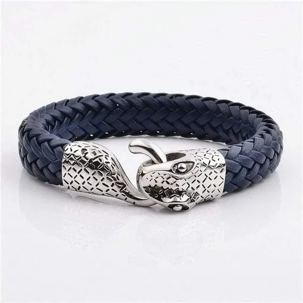 316L Stainless Steel Snake Head Real Cow Leather Bracelet Blue Diamond Source NYC Bracelets 316L Stainless Steel Snake Head Real Cow Leather Bracelet Blue Diamond Source NYC Bracelets