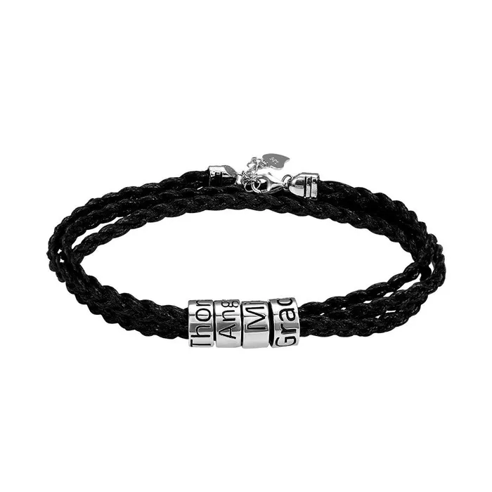 Belbren Bracelets Custom Braided Bracelet with Silver Beads Personalized Name Engraving Belbren Bracelets Custom Braided Bracelet with Silver Beads Personalized Name Engraving