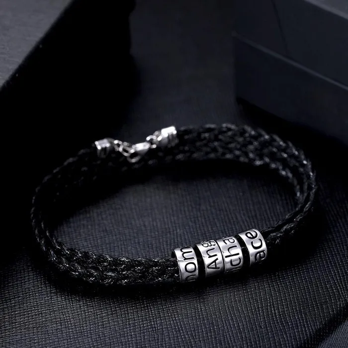 Belbren Bracelets Custom Braided Bracelet with Silver Beads Personalized Name Engraving