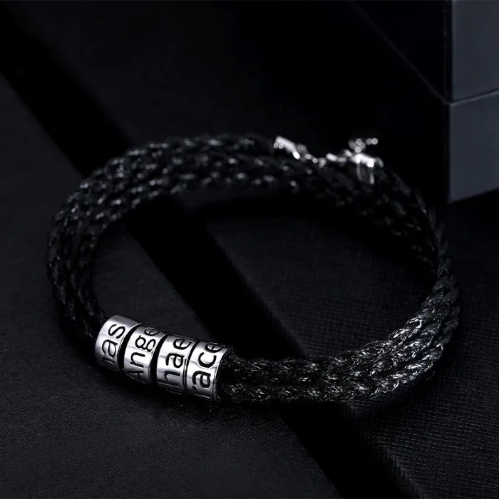 Belbren Bracelets Custom Braided Bracelet with Silver Beads Personalized Name Engraving