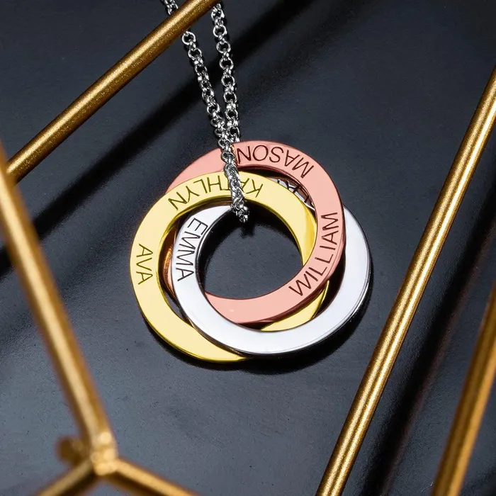 Belbren Personalized Interlocking Circles Necklace in Silver Gold or Rose Gold Custom Engraved Names Family Love and Friendship Jewelry Necklaces