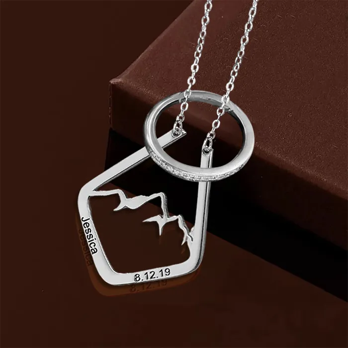 Belbren Personalized Mountain Ring Holder Necklace Custom Engraved Geometric Ring Keeper Pendant Mountain Range Minimalist Ring Keeper Rings