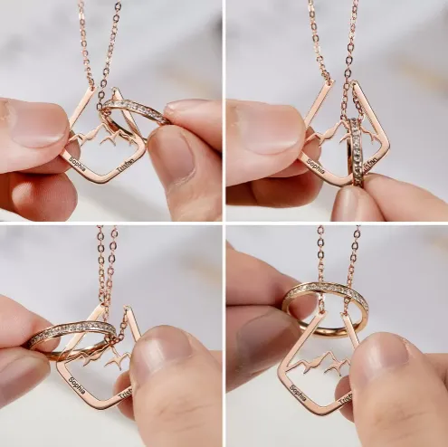 Belbren Personalized Mountain Ring Holder Necklace Custom Engraved Geometric Ring Keeper Pendant Mountain Range Minimalist Ring Keeper Rings