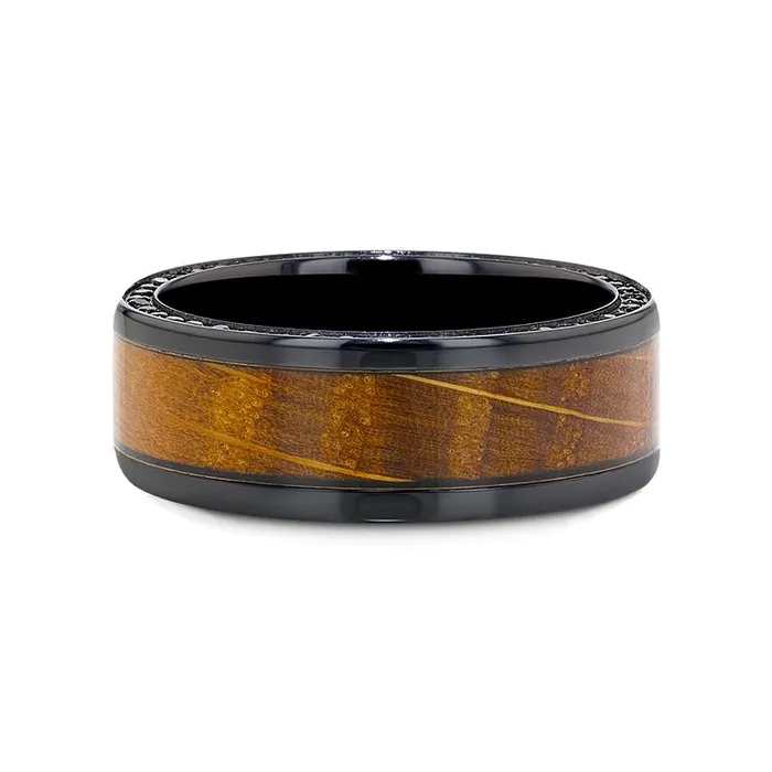 Black Zirconium Ring with Whiskey Barrel Wood Inlay and Black Sapphires Mens Bands Rings Black Zirconium Ring with Whiskey Barrel Wood Inlay and Black Sapphires Mens Bands Rings