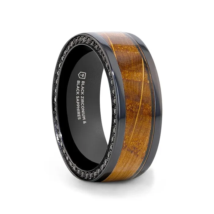 Black Zirconium Ring with Whiskey Barrel Wood Inlay and Black Sapphires Mens Bands Rings Black Zirconium Ring with Whiskey Barrel Wood Inlay and Black Sapphires Mens Bands Rings