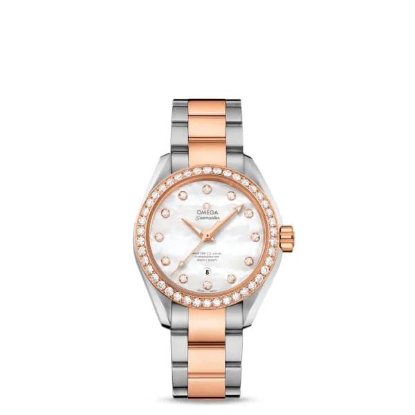 Bracelets Omega Omega Seamaster 34mm Watch Ref 23125342055005 White Mother of Pearl Diamond Index Dial Diamond Bezel Two Tone Stainless Steel 18K Rose Gold Bracelet Bracelets Omega Omega Seamaster 34mm Watch Ref 23125342055005 White Mother of Pearl Diamond Index Dial Diamond Bezel Two Tone Stainless Steel 18K Rose Gold Bracelet