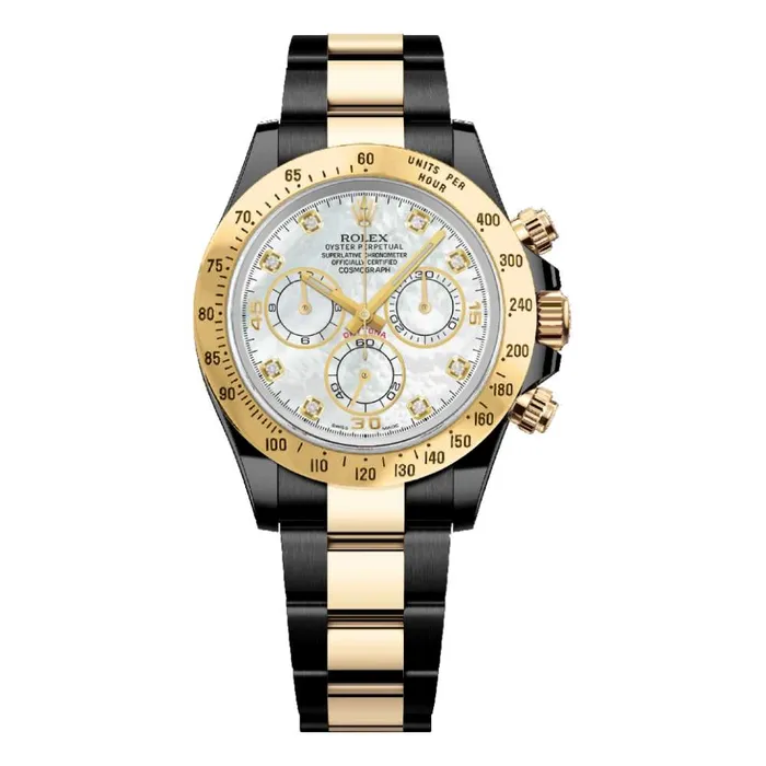Bracelets Rolex Rolex Cosmograph Daytona 40mm Ref 116523md White Mother of Pearl Diamond Dial Gold Bezel Two Tone Black PVD 18K Yellow Gold Oyster Bracelet Mens Watch Bracelets Rolex Rolex Cosmograph Daytona 40mm Ref 116523md White Mother of Pearl Diamond Dial Gold Bezel Two Tone Black PVD 18K Yellow Gold Oyster Bracelet Mens Watch
