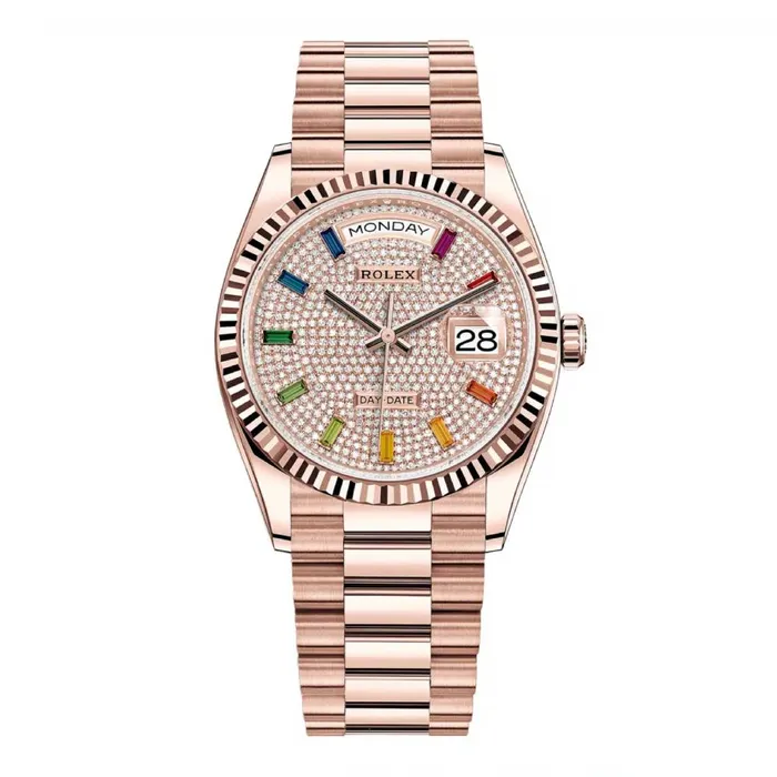Bracelets Rolex Rolex Day Date 36mm Ref 1282350039 Pave Rainbow Diamond Dial Fluted Bezel 18K Rose Gold President Bracelet Watch Bracelets Rolex Rolex Day Date 36mm Ref 1282350039 Pave Rainbow Diamond Dial Fluted Bezel 18K Rose Gold President Bracelet Watch