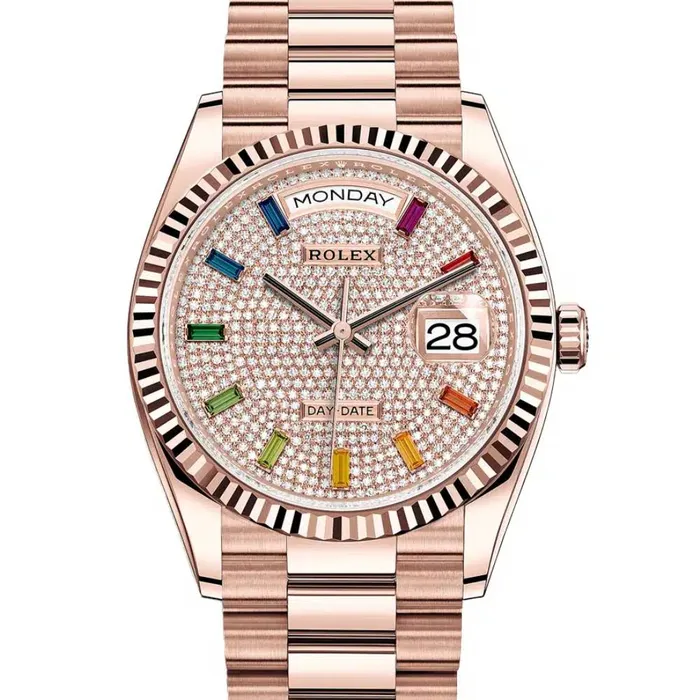 Bracelets Rolex Rolex Day Date 36mm Ref 1282350039 Pave Rainbow Diamond Dial Fluted Bezel 18K Rose Gold President Bracelet Watch