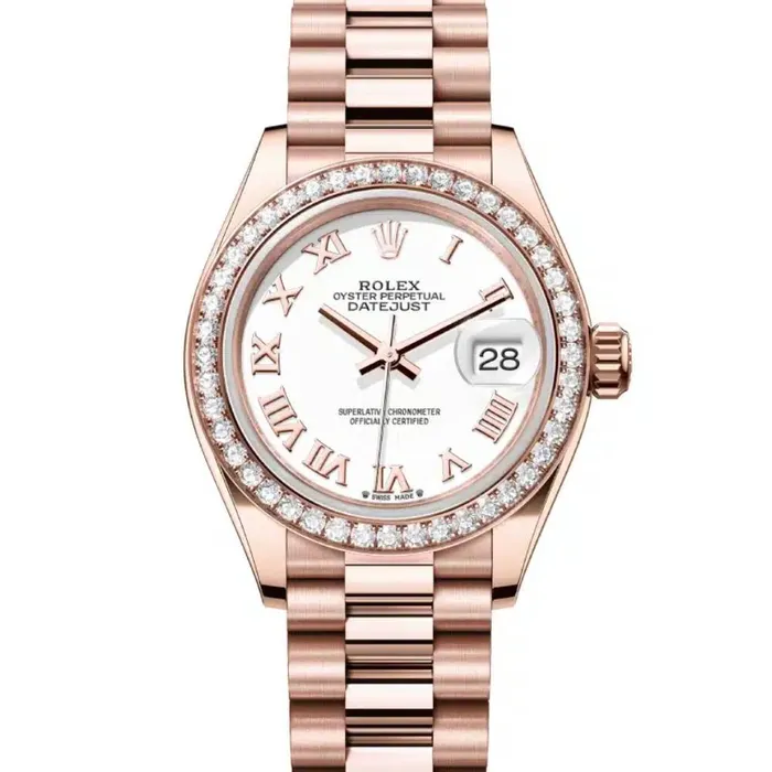 Bracelets Rolex Rolex LadyDatejust 28mm Ref 279135rbr0023 White Roman Dial Diamond Bezel 18K Rose Gold Presidential Bracelet Womens Watch