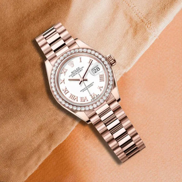 Bracelets Rolex Rolex LadyDatejust 28mm Ref 279135rbr0023 White Roman Dial Diamond Bezel 18K Rose Gold Presidential Bracelet Womens Watch