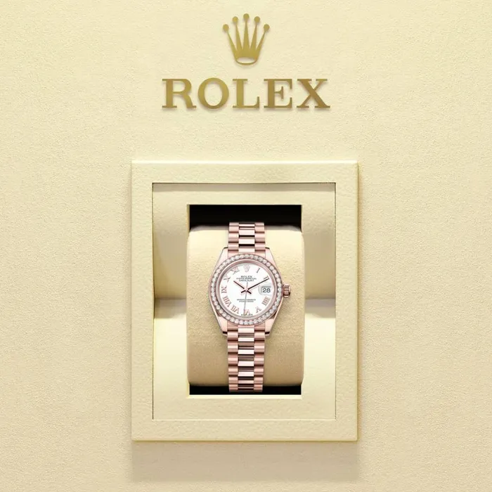 Bracelets Rolex Rolex LadyDatejust 28mm Ref 279135rbr0023 White Roman Dial Diamond Bezel 18K Rose Gold Presidential Bracelet Womens Watch