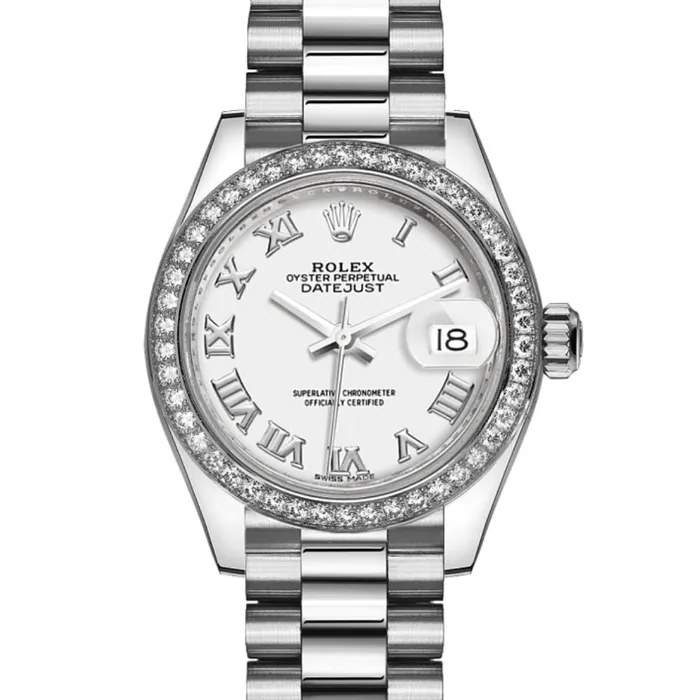 Bracelets Rolex Rolex LadyDatejust 28mm Ref 279136rbr0013 White Diamond Dial Diamond Bezel 18K White Gold Presidential Bracelet Womens Watch